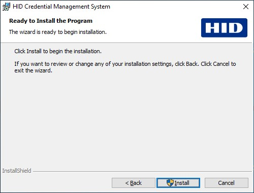 HID Credential Management System Ready to Install the Program dialog box with the Install button highlighted